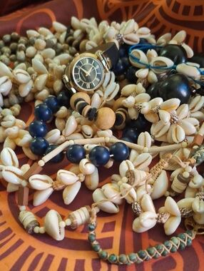 Shell & Bead Boho Necklace Set with Navy Beads And Watch